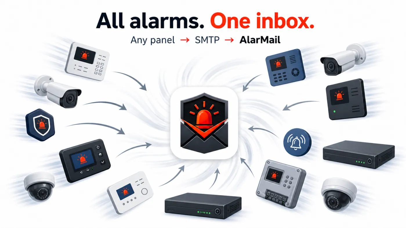 AlarMail — schéma des équipements de sécurité (caméras, centrales, NVR) convergeant vers une seule boîte de réception via le protocole SMTP