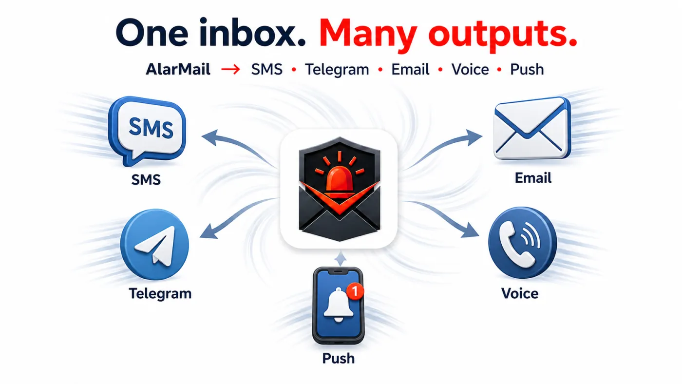 AlarMail — schéma d’escalade multi-canal : SMS, Telegram, e-mail, appel vocal, notification PUSH