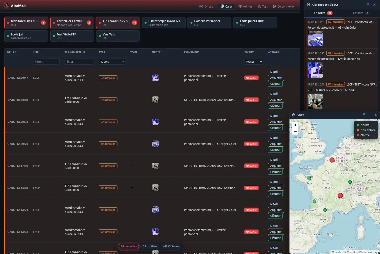 Interface AlarMail : liste des événements d’alarme en direct, médias attachés, carte des sites et journal d’acquittement