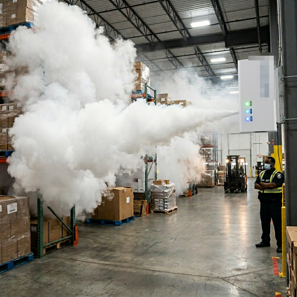 Real-world test: a security fog cannon discharging inside a warehouse