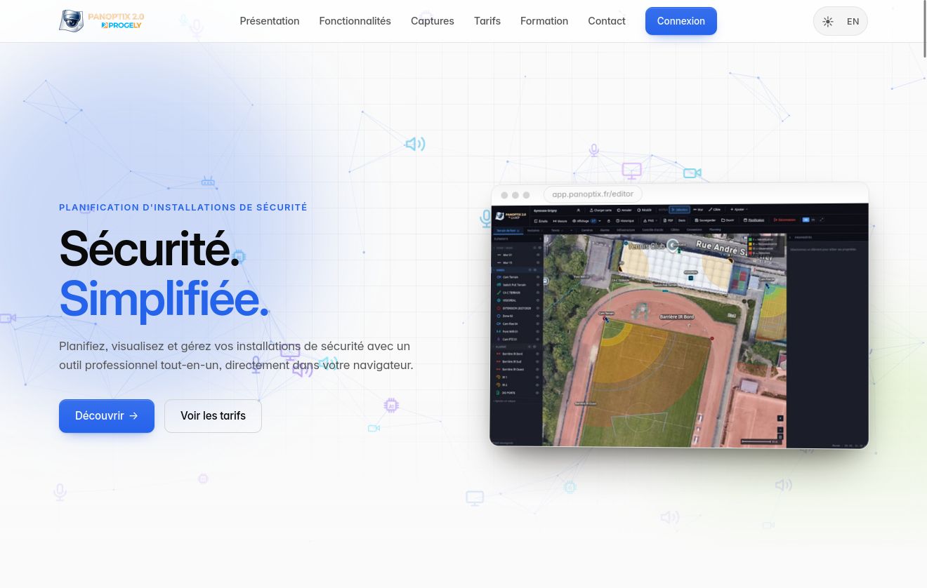 Capture de l’application Panoptix : plan d’un site avec emplacements des caméras et équipements de sûreté