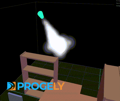 Animation: Progely 3D simulator showing fog dispersion across a room