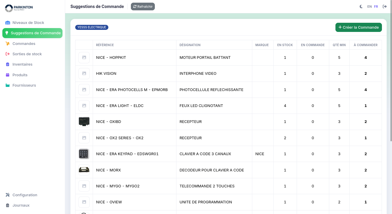 Interface de Stockman : écran de suggestions de commande listant par référence le stock, la quantité minimale et la quantité à commander